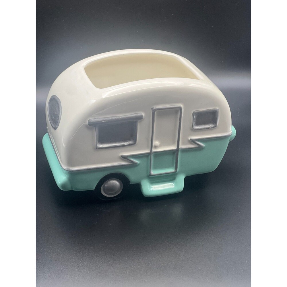 Retro Camper Planter RV Trailer, Teleflora Ceramic Vase Planter Turquoise - Picture 6 of 7